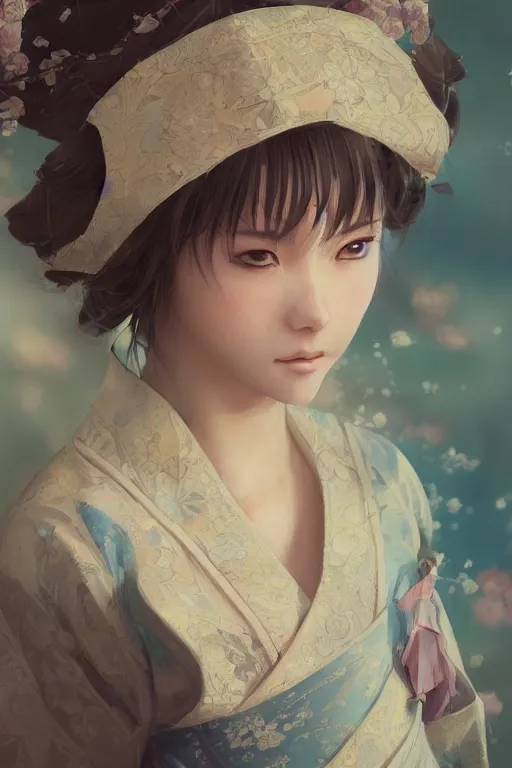 Image similar to beautiful young anime woman in a japanese dress, close-up portrait, intricate, high resolution, cinematic lighting, scenery, digital painting, highly detailed, artstation, sharp focus, illustration, concept art, ruan jia, steve mccurry and Irakli Nadar