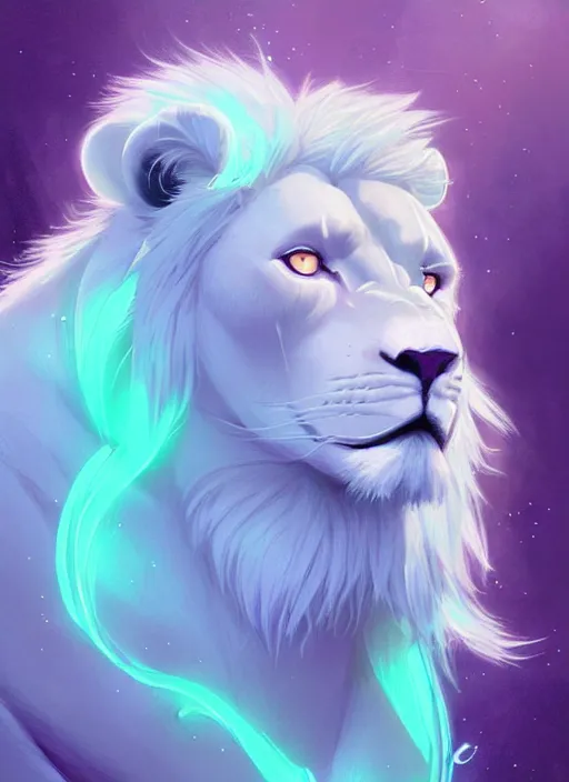 Image similar to !dream aesthetic portrait commission of an albino male furry anthro lion wearing a mint colored thin cloack, pastel Neon lense flares. Atmospheric. Character design by charlie bowater, ross tran, artgerm, and makoto shinkai, detailed, inked, western comic book art, 2021 award winning painting