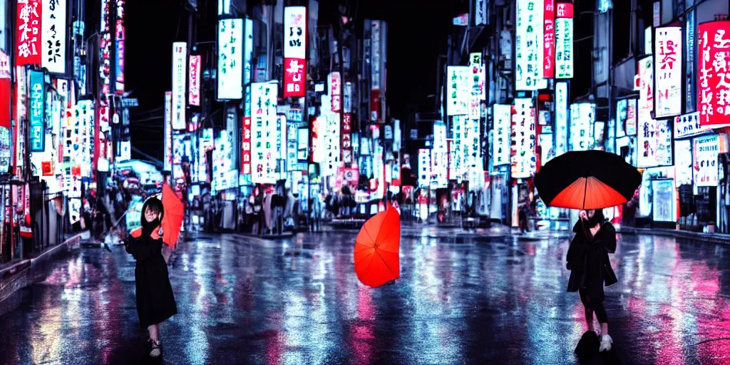 Prompt: A japanese girl holding an umbrella in the neon-lit streets of Osaka at night. Award winning photo