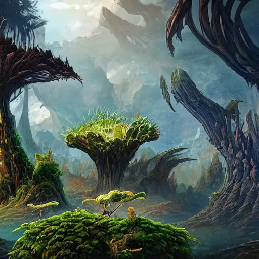 Image similar to An otherwordly, alien landscape with strange plants and creatures, realistic, ultra high detail.