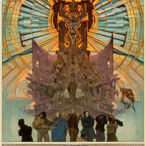 Image similar to beautifully colored detailed religious painting of occultist scientists summoning extradimensional gundam, occult giant robot power armor etched with glowing magical runes by m. c. escher, beeple, greg rutkowski and alphonse mucha. 8 k hd resolution