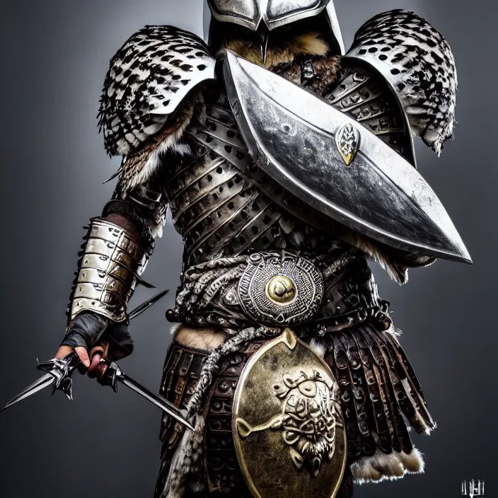 Image similar to full length photo of a warrior with owl themed armour, highly detailed, 4 k, hdr, smooth, sharp focus, high resolution, award - winning photo