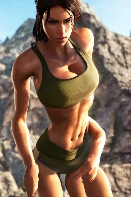 Prompt: olive skinned lara croft model in her twenties, wearing a low cut sport gym, sweat, looking content, focused on her neck, photo realistic, extreme detail skin, natural beauty, no filter, slr, golden hour, 4 k, high definition, selfie