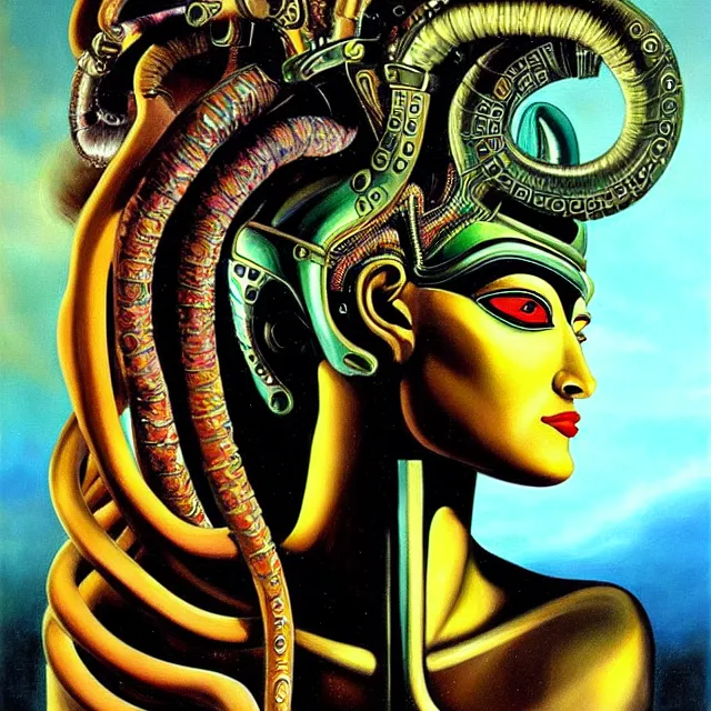 Image similar to a beautiful painting cyberpunk robot queen of egypt medusa face, by salvador dali realistic oil painting