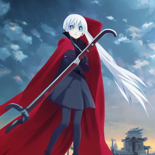 Image similar to advanced digital anime art, white haired girl with a red hooded cloak holding a 5 feet scythe fighting the Grimm reaper in a ruined city, filmic lighting , by Makoto Shinkai. —W 1920 —H 1080