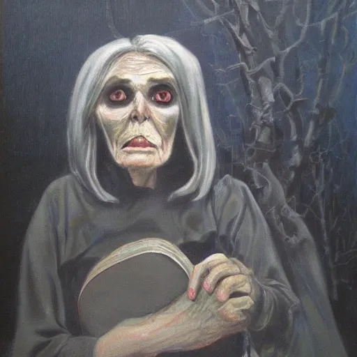 Image similar to creepy old cursed witch watching you sleep, eerie, haunted, oil painting