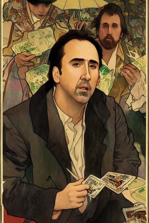 Image similar to watercolor illustration of nicolas cage playing poker in korea, by alphonse mucha, highly detailed, digital illustration, trending in artstation, modern painting, smooth, sharp focus, intricate