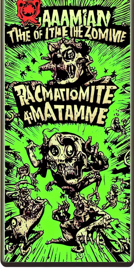 Image similar to invasion of the radioactive zombie rats retro video game box art in gameboy style, dramatic lighting from below, green rim light, dark background, 4K W- 1024