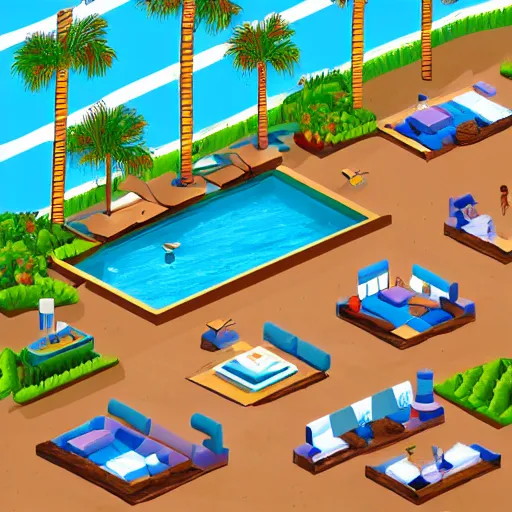 Prompt: an isometric painting of a beautiful interior design, beach, resort,