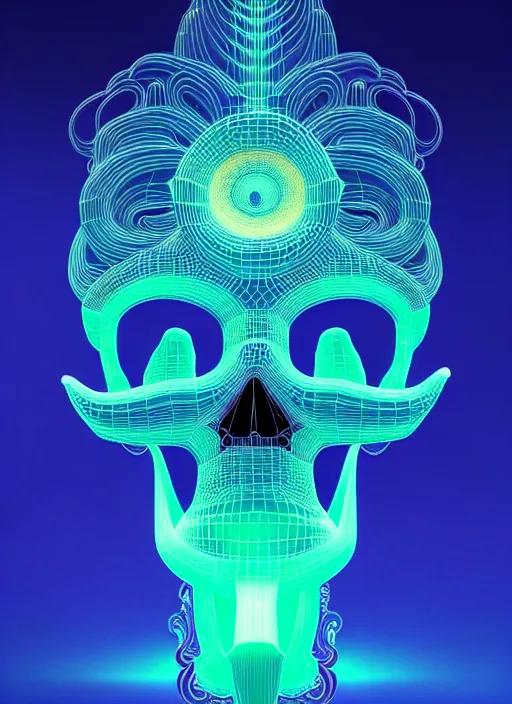 Image similar to 3 d goddess profile portrait, sigma 5 0 0 mm f / 5. beautiful intricate highly detailed quetzalcoatl skull and feathers. bioluminescent, plasma, lava, ice, water, wind, creature, thunderstorm! artwork by tooth wu and wlop and beeple and greg rutkowski, 8 k trending on artstation,