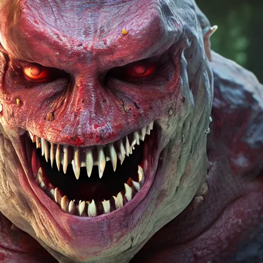 Prompt: cinematography picture of the monster with human skin, sharp teeth, big pupils, mutant, 8k, unreal engine 5, hyper realistic