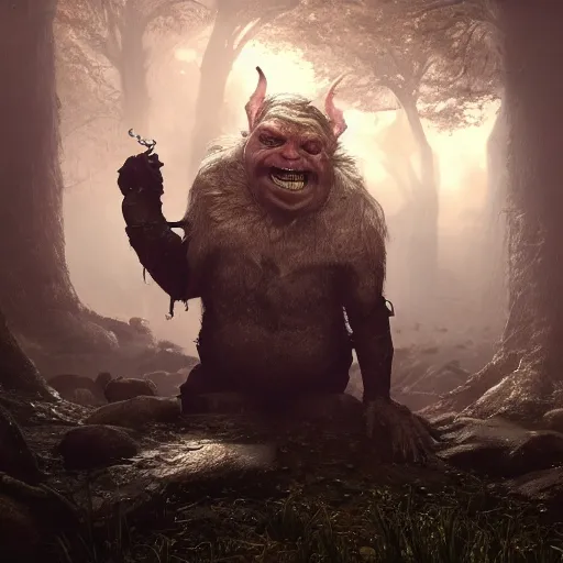 Image similar to highly detailed portrait of donald trump as a goblin in a magical mushroom forest, in skyrim, unreal engine, fantasy art by greg rutkowski, global illumination, radiant light, detailed and intricate environment