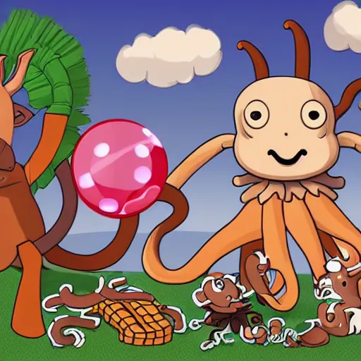 Image similar to a donkey and an octopus are playing a game. the donkey is holding a rope on one end, the octopus is holding onto the other. the donkey holds the rope in its mouth. a cat is jumping over the rope.
