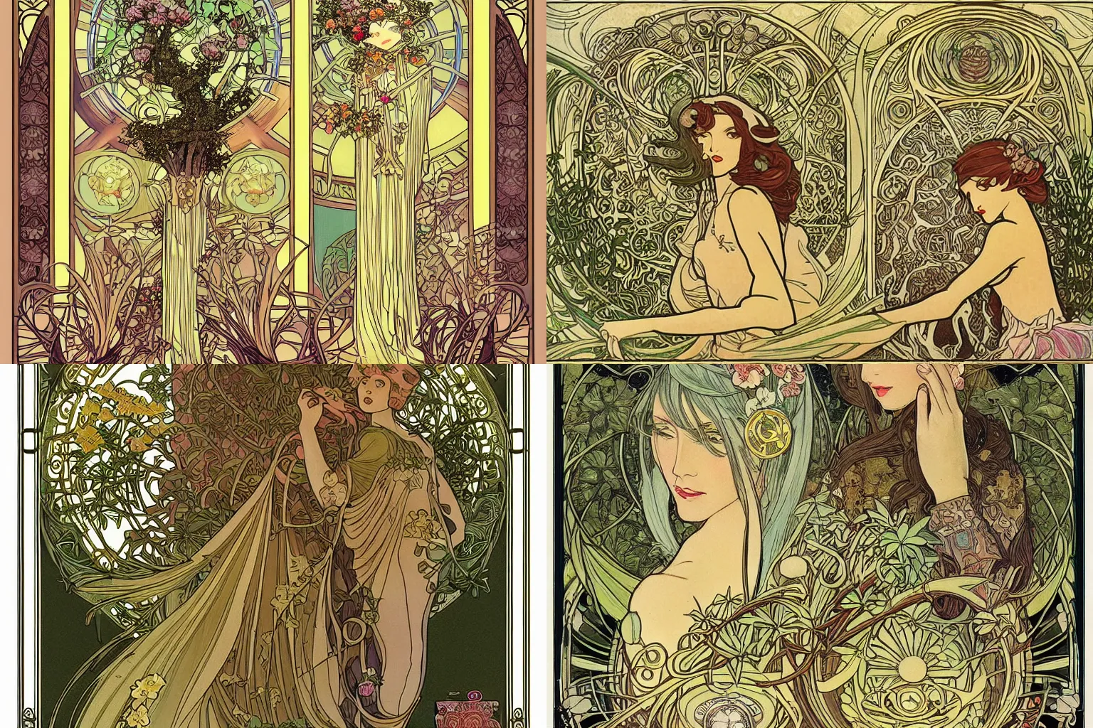 Prompt: mucha art nouveau illustration cyberpunk balcony bonsai flowering tree landscape art deco golden frame