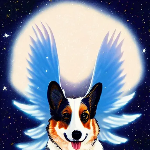 Image similar to corgi with [ angelic wings ]!!, [ flying like a superhero ]!! in the [ night sky ]!! where the stars are visibly perceptible, [ illustration via an abstract artist ]!!