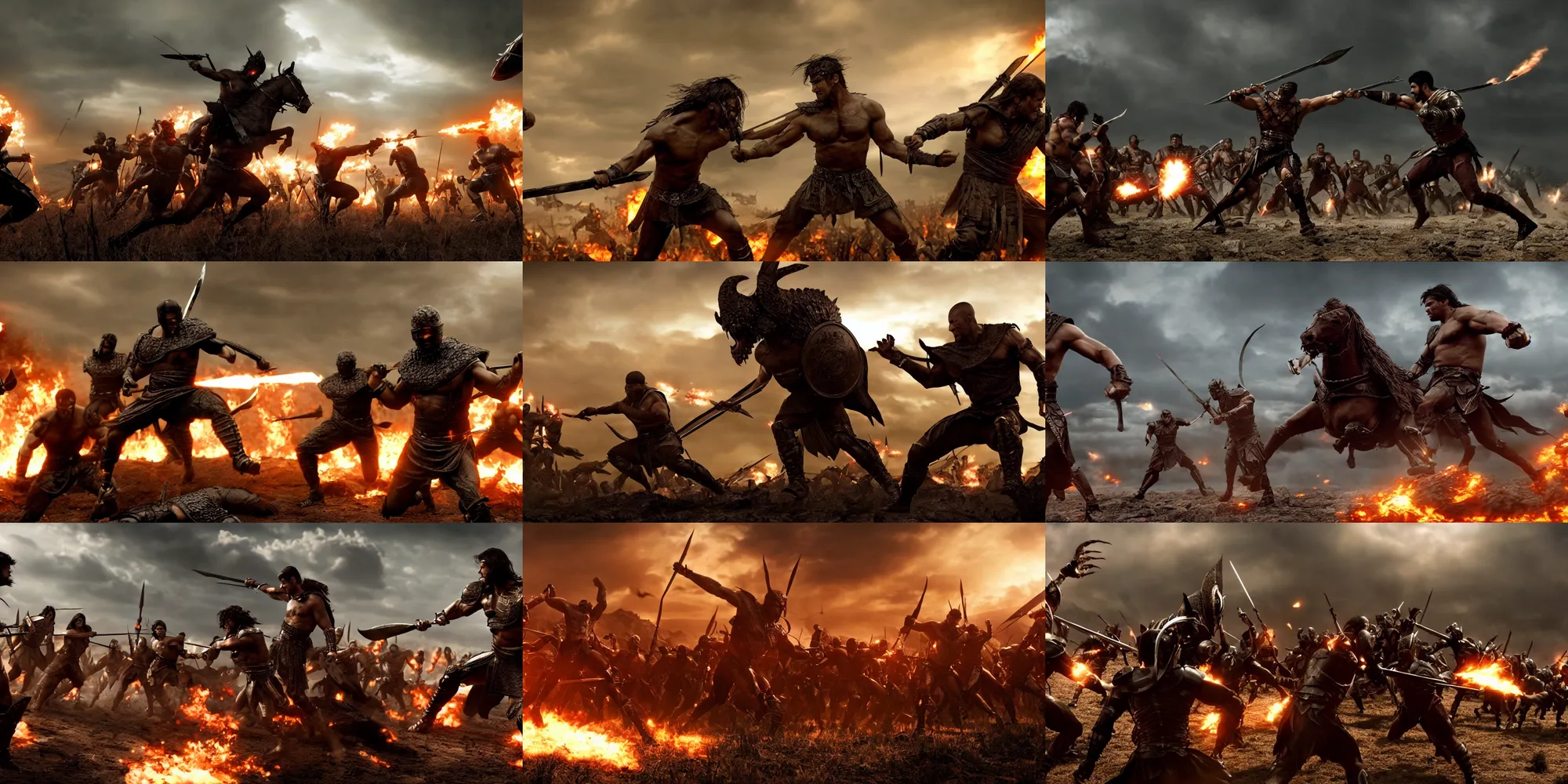 Image similar to epic battle screen of hero, film still from the movie'3 0 0'( 2 0 0 6 ), 3 d, 8 k realistic, cryengine, playstion 5 screen, cinematic lighting