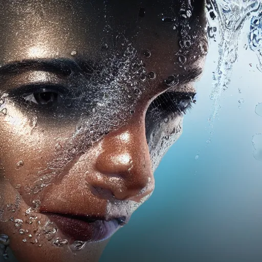 Image similar to water artwork manipulation in the shape of a human head, on the ocean water, ray tracing, realistic water sharp focus, long shot, 8 k resolution, cinematic, amazing water art