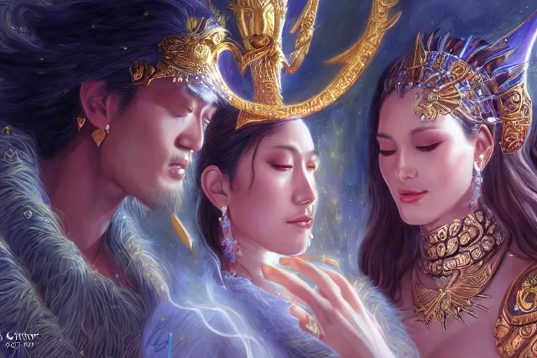 Image similar to close up moment of a divine a sun god and a moon goddess lovers magician at a wedding banquet, highly detailed, d & d, fantasy, highly detailed, digital painting, trending on artstation, concept art, sharp focus, asian feature, illustration, art by artgerm and daniel gerhartz and magali villeneuve