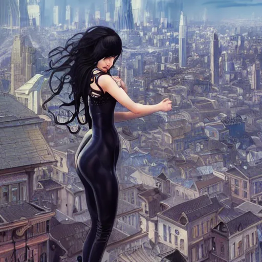 Image similar to a giantess attractive goth girl standing over a modern city, cute, intricate, highly detailed, digital painting, artstation, concept art, smooth, sharp focus, illustration, unreal engine 5, 8 k, art by artgerm and greg rutkowski and alphonse mucha
