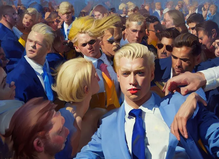 Prompt: greg manchess portrait of a blond man in a blue suit wounded surrounded by a crowd, organic painting, sunny day, matte painting, bold shapes, hard edges, street art, trending on artstation, by huang guangjian, gil elvgren, ruan jia, randy vargas, greg rutkowski