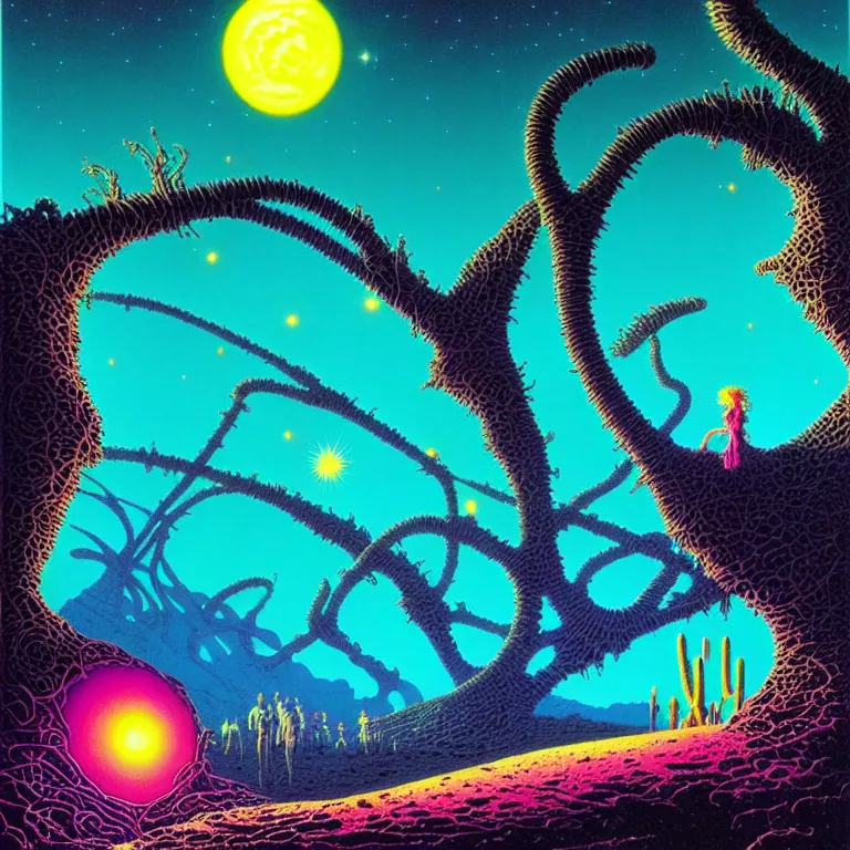 Prompt: astral travel mysterious desert canyon at night, infinite sky, synthwave, bright neon colors, highly detailed, cinematic, tim white, philippe druillet, roger dean, ernst haeckel, lisa frank, michael whelan, kubrick, kimura, isono