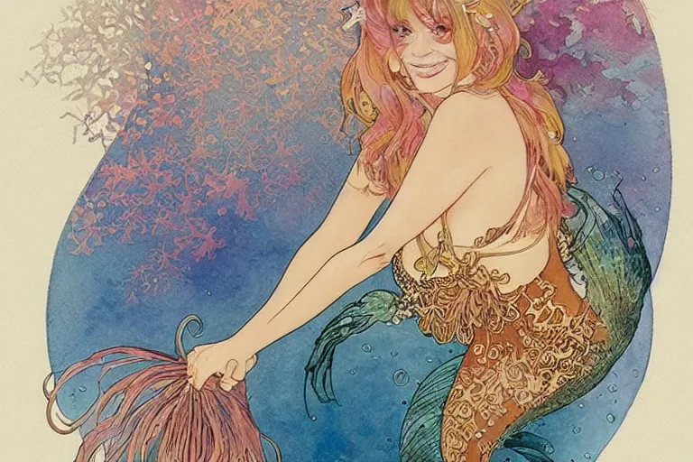 Prompt: a beautiful intricate watercolor illustration of goldie hawn as a mermaid in a coral reef, tropical fish and coral, 4 k, ultra - wide angle, by william turner, by victo ngai, by alphonse mucha, by miho hirano, by moebius, hd, trending on artstation, hyper detailed, muted intense colors