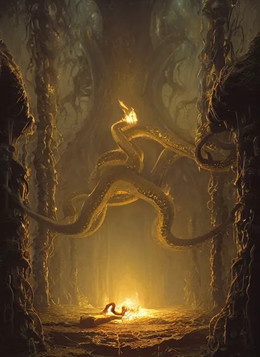 Prompt: giant tentacles and shub - niggurath destroying a glowing mansion in burning vapor dramatic lighting fantomatic head and faces floating catching fire, artstation, matte painting, bastien lecouffe - deharme, aykut aydogdu, allen williams, artem chebokha