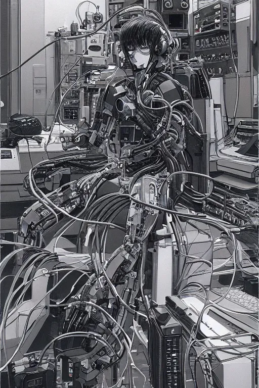 Image similar to beautiful hyperdetailed cyberpunk anime illustration of a feline robot lying in the lab with wires and cables coming out of his head and back, by moebius, masamune shirow and katsuhiro otomo