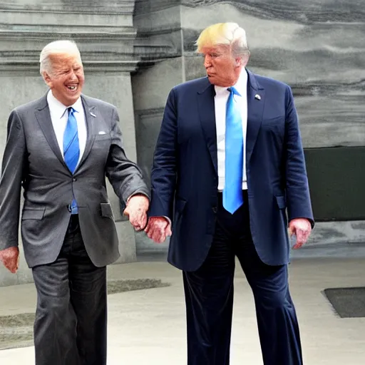 Prompt: candid photo of Donald Trump and Joe Biden secretly holding hands