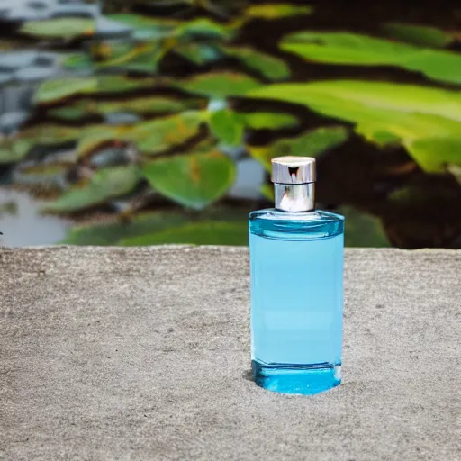 Image similar to perfume bottle standing in splashing tropical water, surrounded by leafy trees, light pastel blue sky and clouds in the background, softly - lit, soft - warm, zen, light, modern minimalist f 2 0 clean