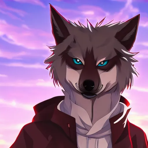 Image similar to key anime visual portrait of an anthropomorphic anthro wolf fursona, in a jacket, with handsome eyes, official modern anime art