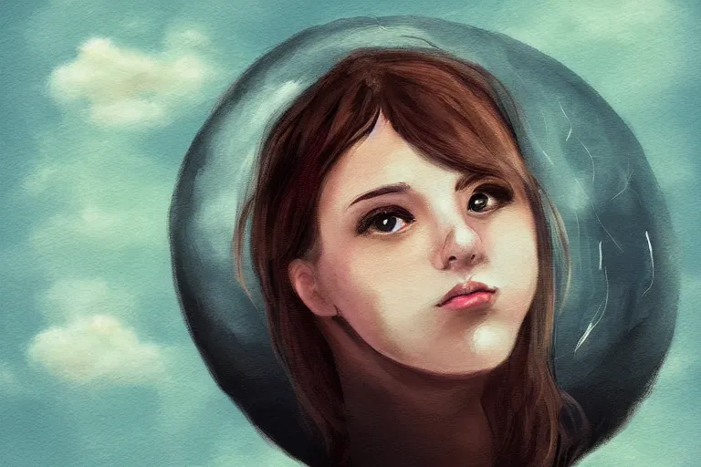 Image similar to a cute beautiful girl sitting on a cloud relaxing, digital painting, portrait, fish eye lens,
