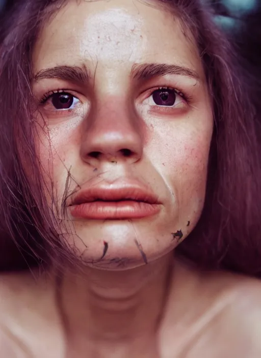 Image similar to kodak portra 400, photographic extreme close-up face of a beautiful woman with freakles , photographed by Carlo Diamanti .