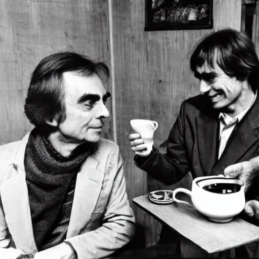 Prompt: carl sagan and alien drinking tea in a chinese tea house
