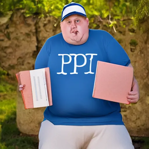 Image similar to very obese man with a t-shirt and a cap with the letter P, writing on a book