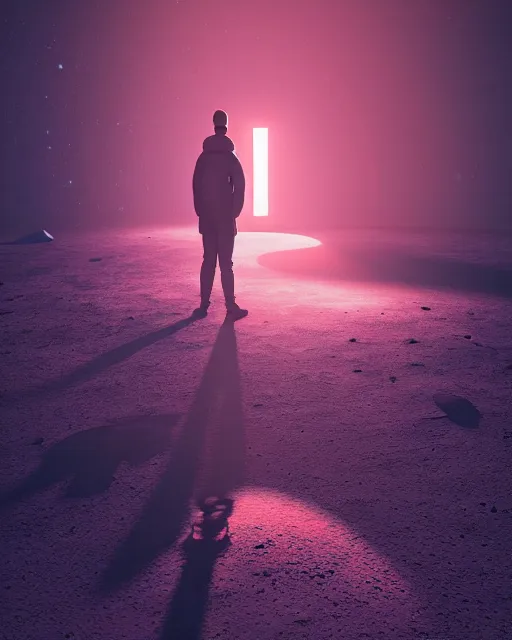 Image similar to a person standing in front of a glowy open door that's on a barren moon, poster art by mike winkelmann, trending on cg society, space art, sci - fi, ue 5, futuristic, volumetric lighting, light casting onto the ground, neat composition and camera angle