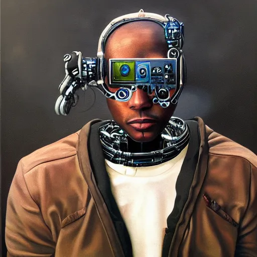 Image similar to a realistic oil painting of a black man as a cybernetic cyborg, surrealism portrait, surrealism album cover