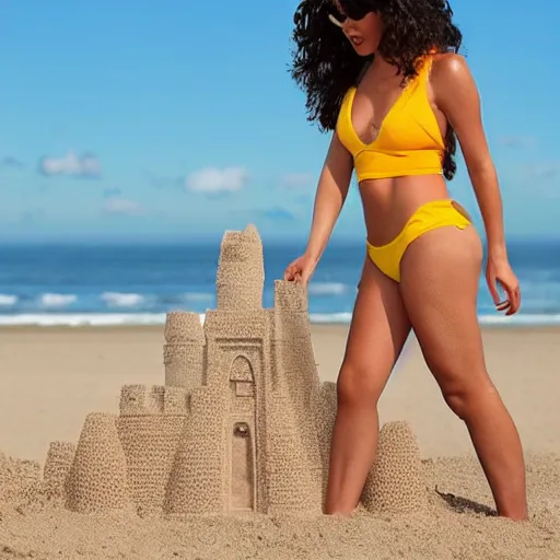 Prompt: a hot furry walking on the beach with a sand castle behind her