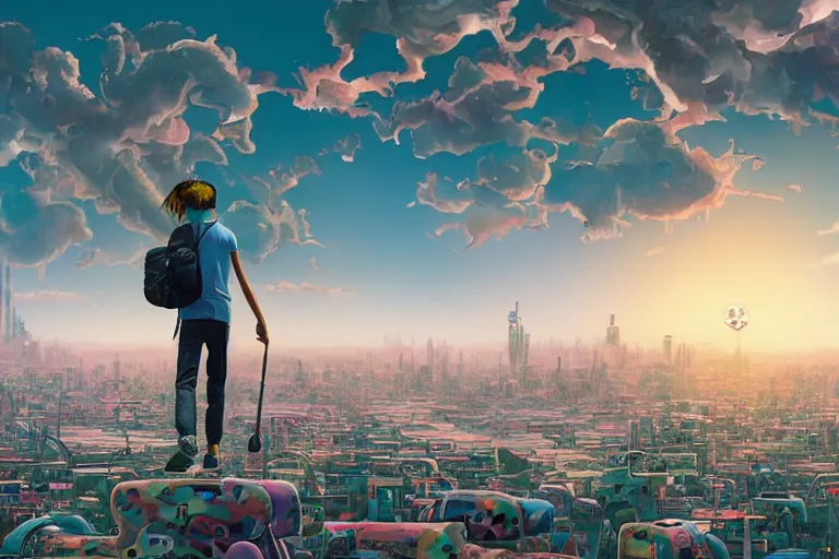 Prompt: a young man with a survivor backpack walking on clouds away from the camera perfectly centered above post - apocalyptic city by takashi murakami, beeple and james jean, aya takano color style, 4 k, super detailed, modern, 4 k, symmetrical