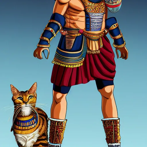 Image similar to illustration of a beautiful, athletic creature that is a half of the roman emperor augustus and a half of egyptian cat, character design, art station, epic, elegant, masterpiece of akira toriyama