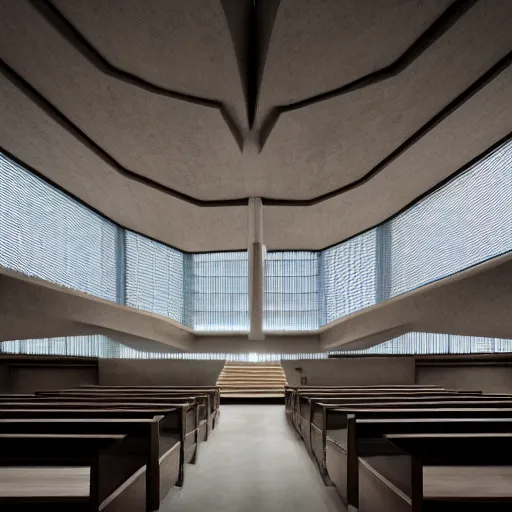 Image similar to a scifi church built in brutalist architecture, diverse unique building geometry full of shapes and corners