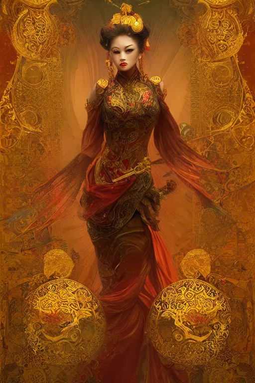 Image similar to tarot card artstation, portrait of an asian love dancer, sunrise, baroque ornamnet and rococo ornament, ancient chinese ornate, hyperdetailed, beautiful lighting, craig mullins, mucha, klimt, yoshitaka amano, red and gold and orange color palatte