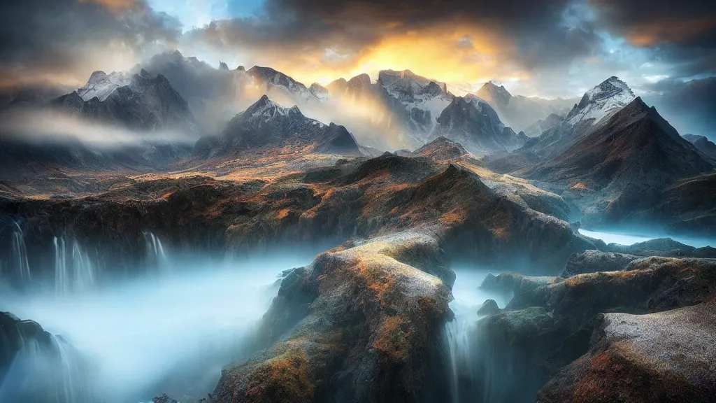 Image similar to amazing landscape photo by marc adamus, beautiful dramatic lighting