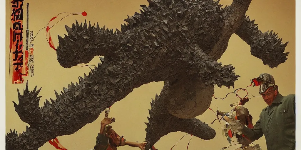 Image similar to paper mache godzilla breaking out of the artists studio, j. c. leyendecker, akira kurosawa