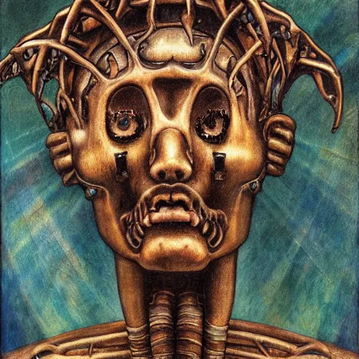 Image similar to weeping robot wearing the bone crown, by Annie Swynnerton and Diego Rivera, symbolist, dramatic lighting, elaborate geometric ornament, Art Brut ,god rays, soft cool colors,smooth, sharp focus, extremely detailed, Evelyn De Morgan and Adolf Wölfli