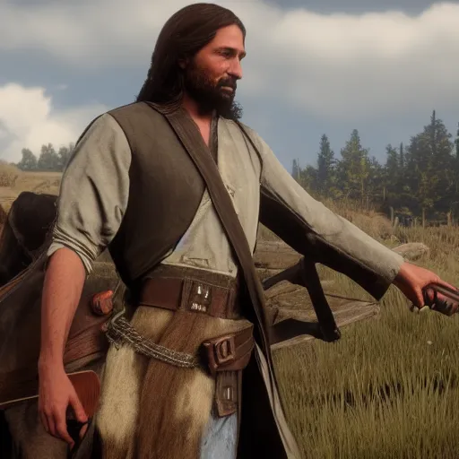 Prompt: Film still of Jesus, from Red Dead Redemption 2 (2018 video game)