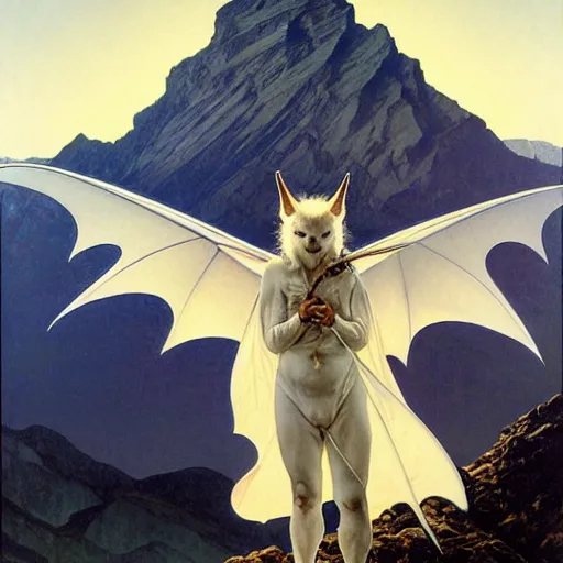 Prompt: hyper realistic white bat, flying against a dark black night sky, mountain in the background, moonlight, denoised, very detailed, painted by james gurney, alphonso mucha, norman rockwell, tom bagshaw