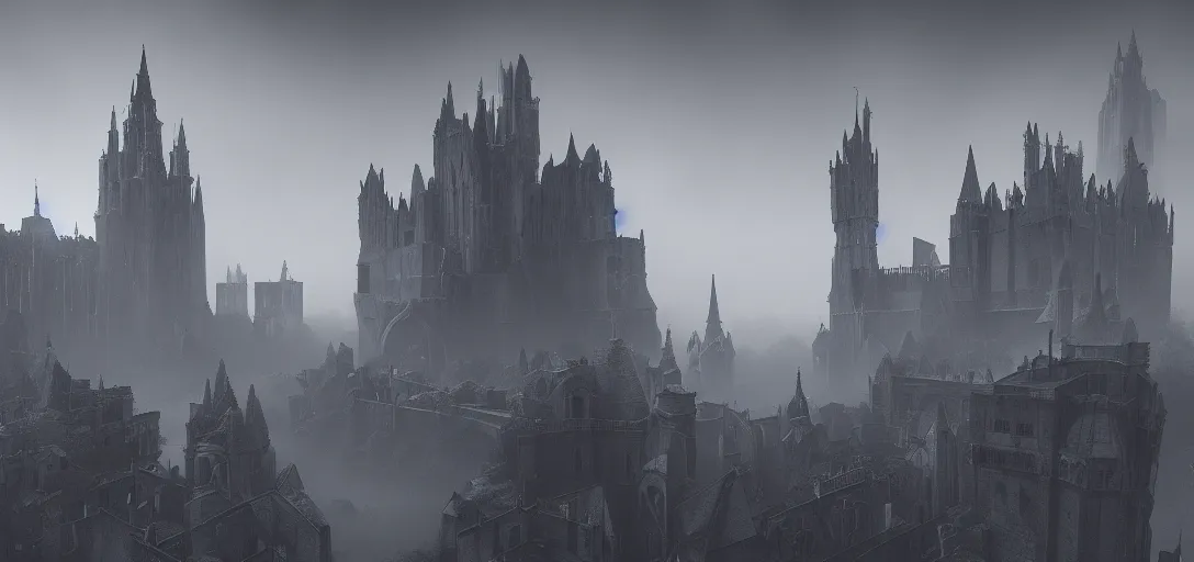 Prompt: view of an abandoned gothic city at day, castles, fog, cinematic lighting, ultra detailed, sharp, ambient occlusion, raytracing, by greg rutowski, paul chadeisson and jessica rossier