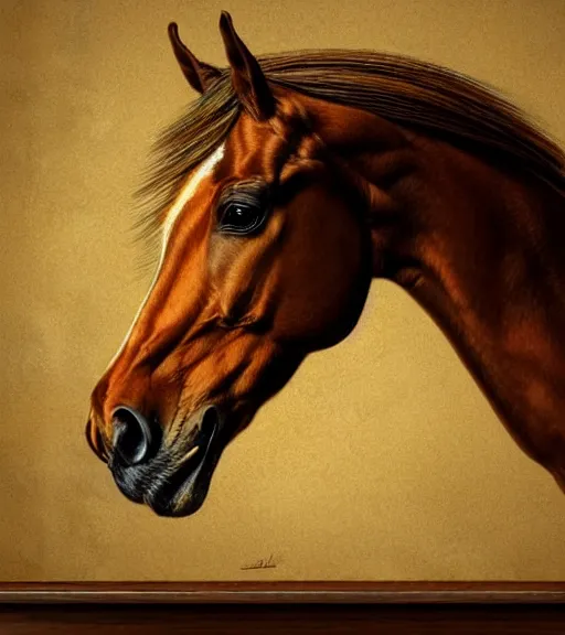 Image similar to portrait of a horse sitting upon a table with heightened detail, poised, intense emotion, detailed facial expression, detailed surroundings, intricate, elegant, highly detailed, centered, digital painting, artstation, concept art, smooth, sharp focus, illustration, by ( leonardo da vinci ), wlop