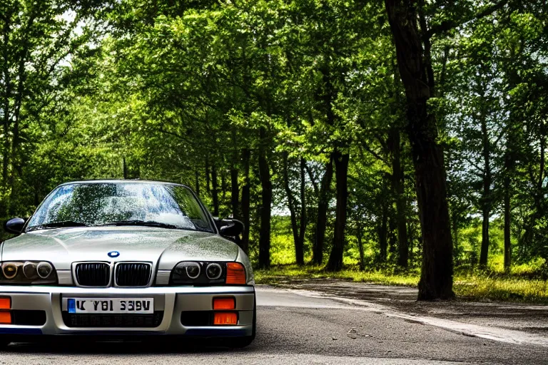 Prompt: A BMW e36 parked in a road with trees, summer season, Epic photography, taken with a Canon DSLR camera, 50 mm, depth of field
